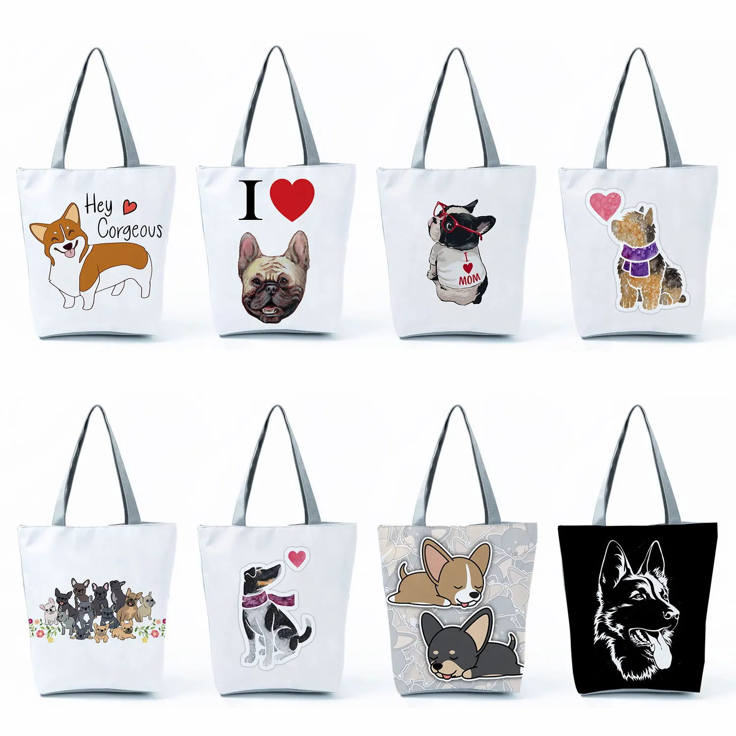 

Female Handbags Shopper Bag Shoulder Bag High Capacity Travel Women White Tote Portable French Bulldog Bull Terrier Print Kawaii