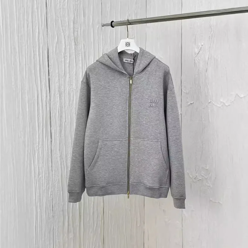 Copy 1: 1 MiuMiu 24ss Правильная Версия Ранний Осенний Патч С Капюшоном Молнией ТолсТовка