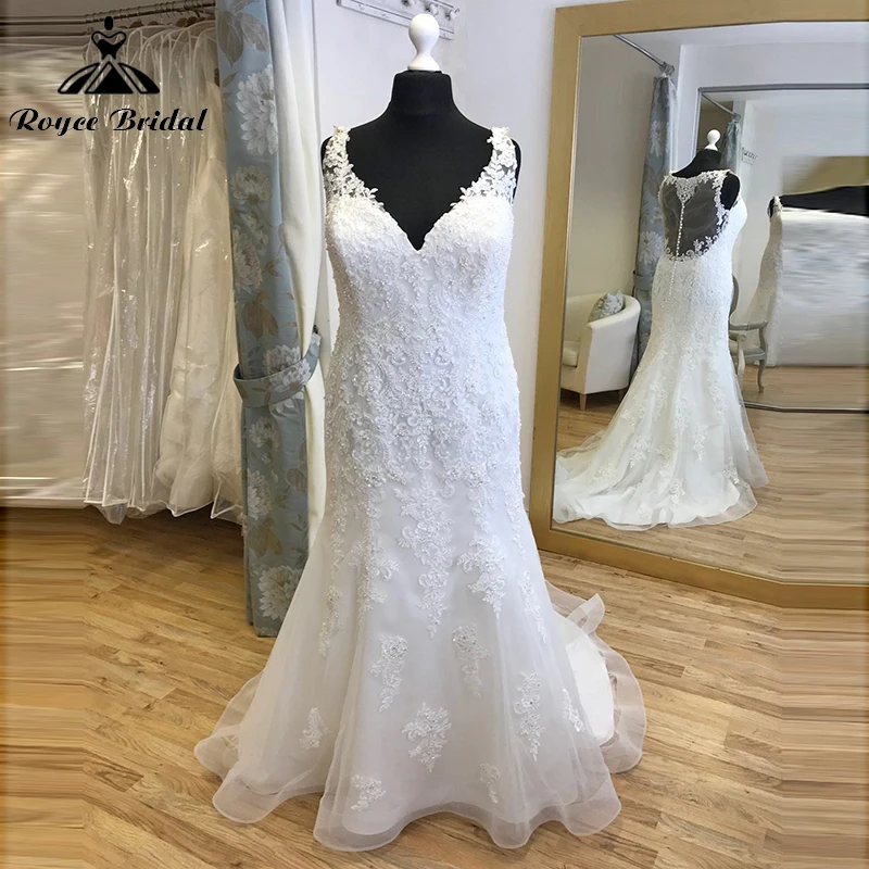 

Exquisite Boho Mermaid Wedding Dress For Women Illusion V-neck Off the Shoulder Back Button Lace Appliques Bride Sweep Plus Size