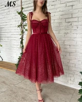 ms fairy evening dresses a line red wine glitter bow spaghetti strap sweetheart for gradution prom party gowns vestido de noche