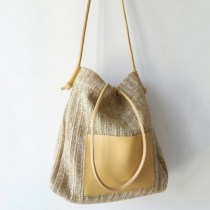 Ins Retro Braided Tote Resort Wind Straw Braided One Shoulder Large Capacity Shopping Bag Beach Composite
