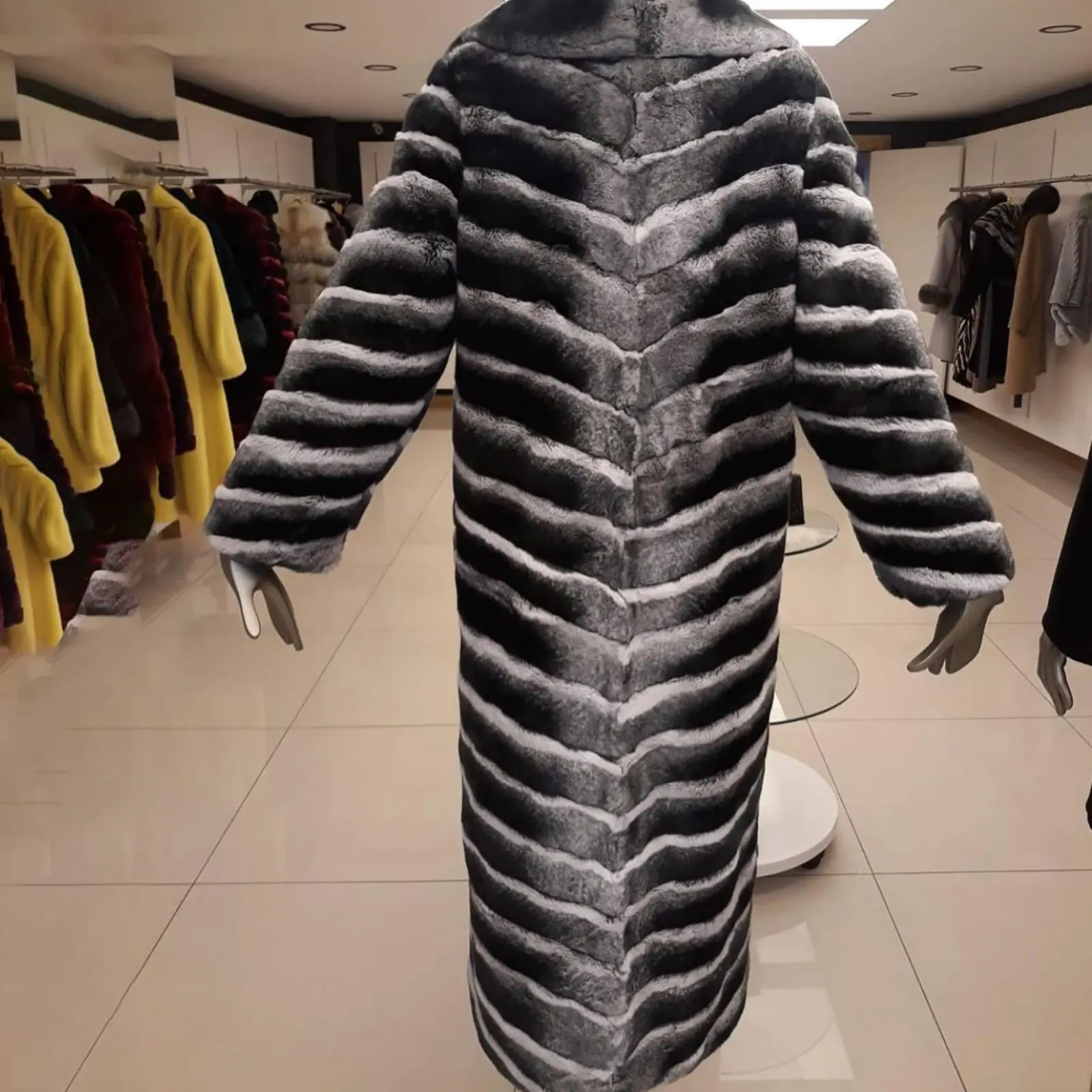 125 см длинное пальто из натурального меха кролика рекс цвета шиншиллы