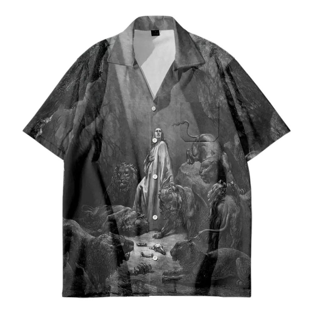 

2022 Daniel Retro Print Shirt in Lions Den, Summer Fashion Casual American Hawaiian Beach Style, Men's Cuban Collar Shirt