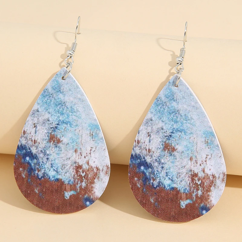 

New Fashion Vintage Drop Earrings For Women Blue Graffiti Print Pu Earrings Female Wedding Party Jewelry Gift Pendientes