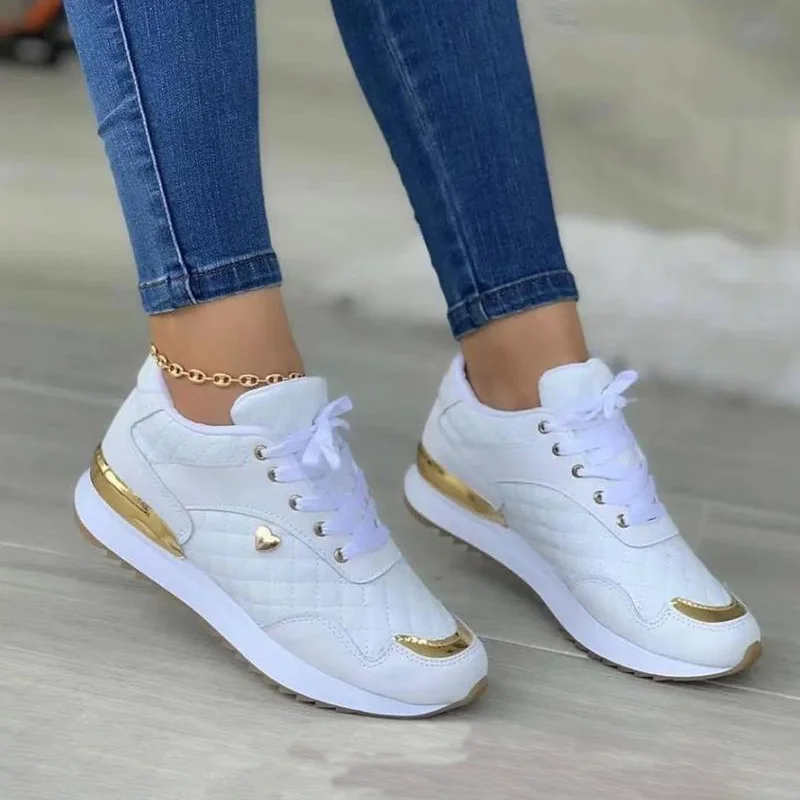 Thick Bottom Wedge Women Tennis Shoes Gold Sequins Lace Up Platform Vulcanization Sneakers Outdoor Non-slip Comfortable Shoe