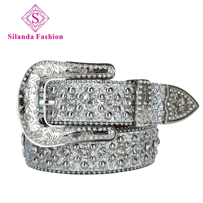 

Silanda Fashion Women's Luxury Rhinestone Bead Studded Alloy Pin Buckle Belts Men Hip-hop Punk Waist Band Trendy Leather Girdles