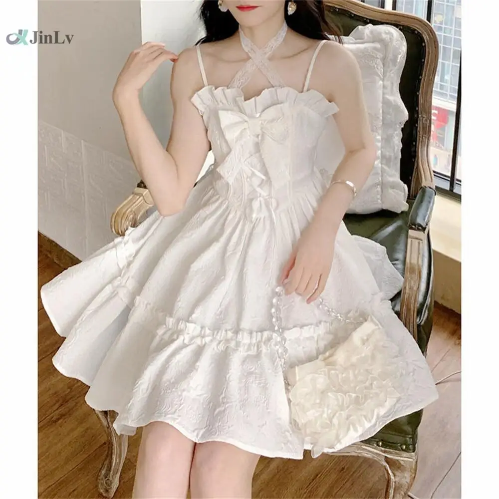 

Kawaii White Solid Color Mini Dress Bow Tie Waist Lace Hanging Neck Suspenders Dresses Lolita Princess Dress Skirt Vestidos