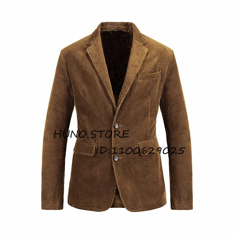 Corduroy Men's Coat Single Breasted Slim Fit Dress Wedding Casual Party Bespoke Male Brown Jacket Terno Masculino Completo
