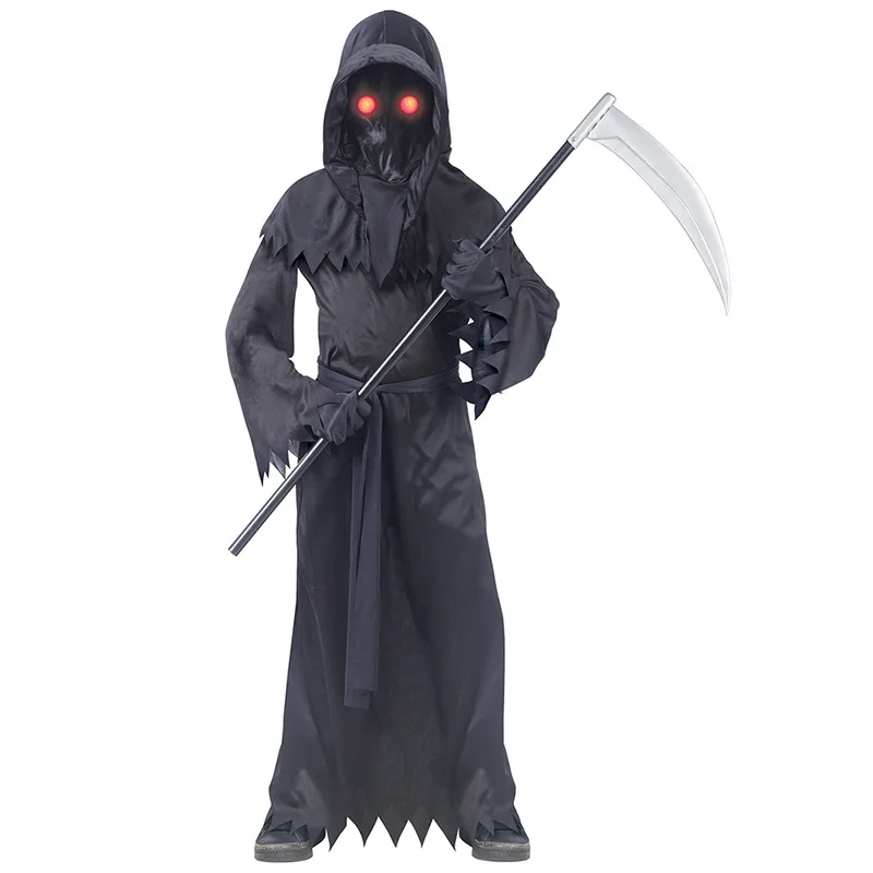

Grim Reaper Costumes Terror Luminous Eyes Death Hook Sickle Boys Cosplay Anime Children Halloween Costume for Kids Carnival Prop