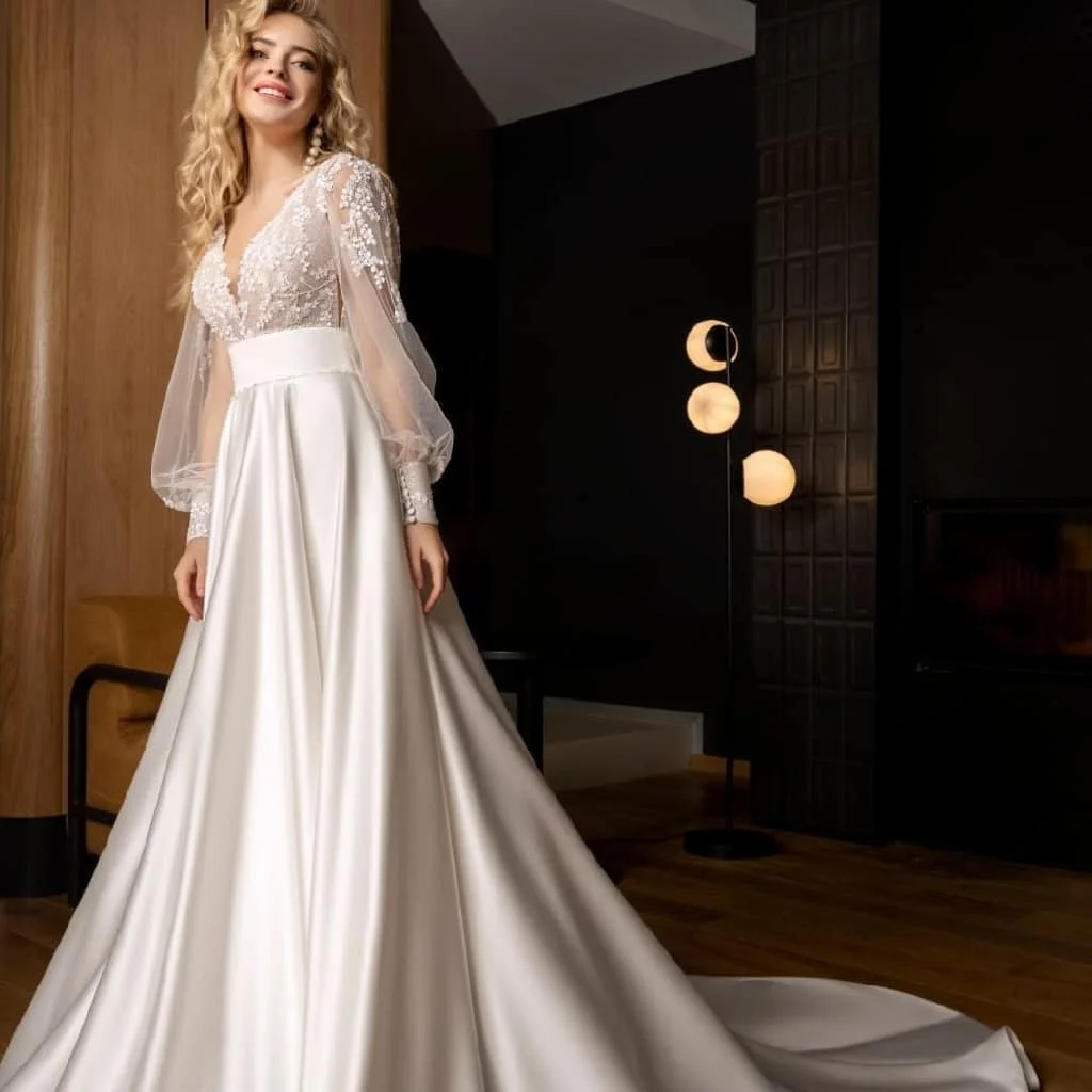 

Elegant Tulle Applique Long Sleeve Wedding Dress Classic V-Neck A-Line Floor Length Sexy Open Back Sweep Train Bride Zipper Gown