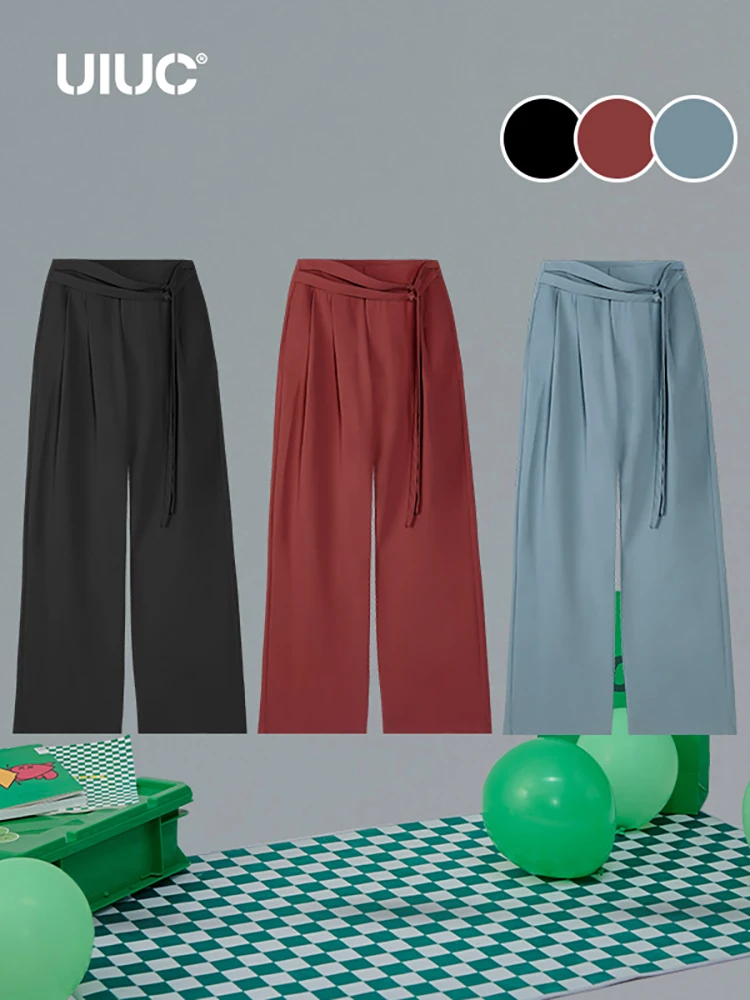 

UIUC Double Buttons Suit Pants with Belt Female Straight Leg Pants