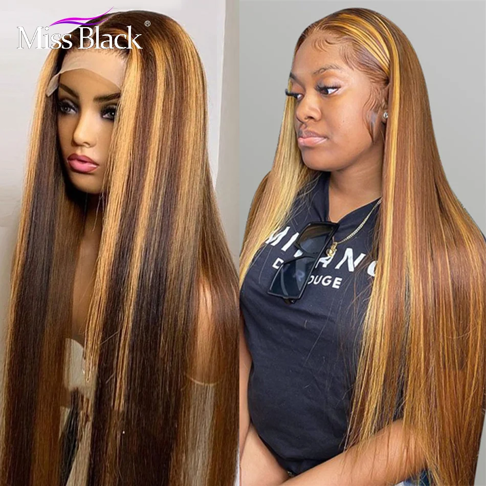 13x4 Straight Highlight Lace Frontal Human Hair Wigs Honey Blonde 4/27 Transparent Virgin Hair Wigs For Black Women Pre-plucked