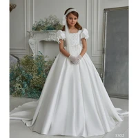 white a line flower girl dresses for wedding appliques sequins little girls pageant gowns square neck birthday party kids dress