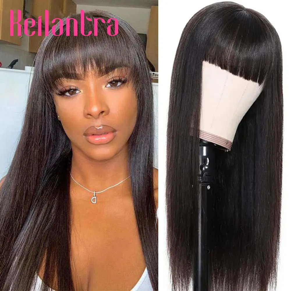 

30 Inch Bone Straight Human Hair Wig With Bangs Full Machine Made Short Bob Wigs For Black Women Cheap Brazilia Long Fringe Wig