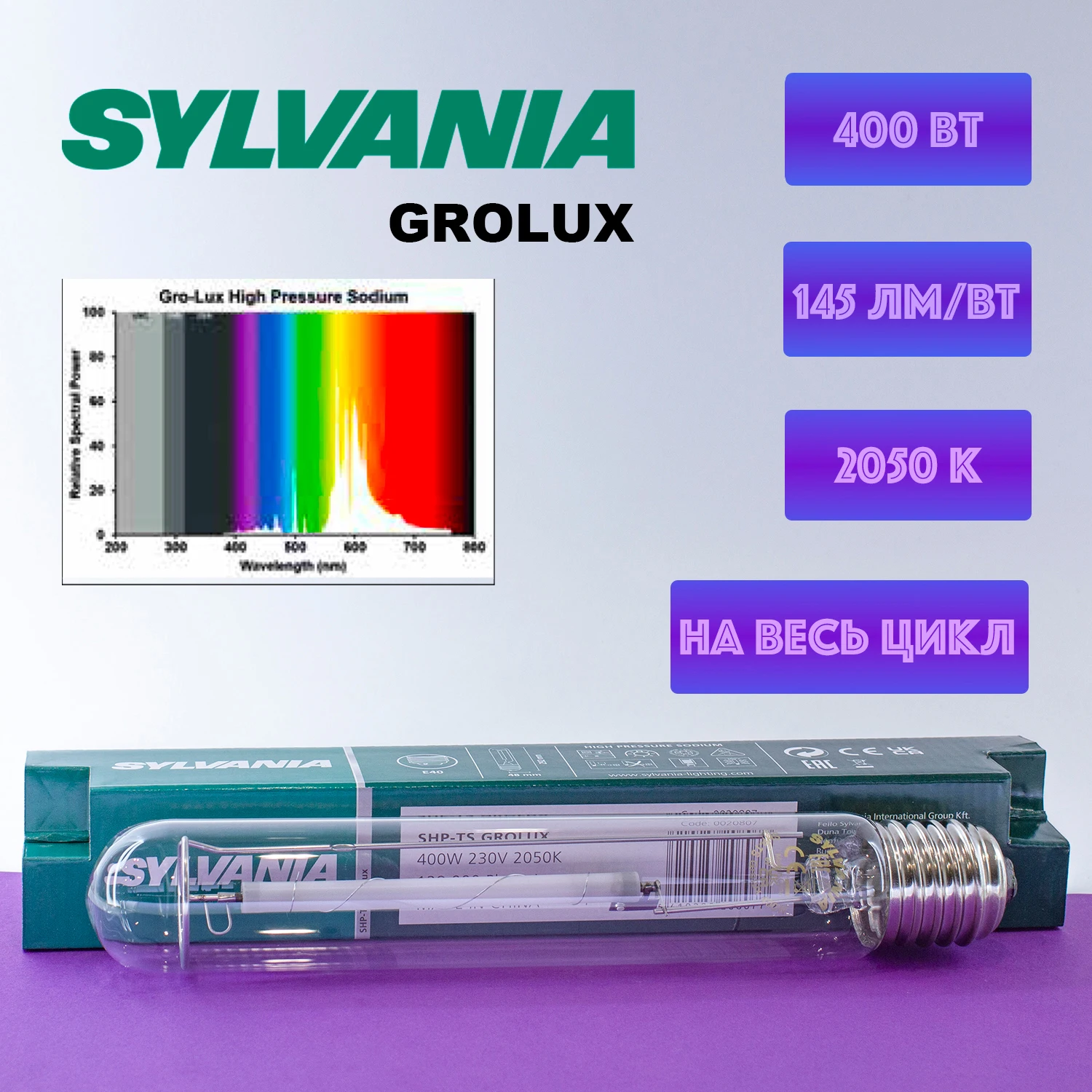 Лампа ДНАТ для растений Sylvania GroLux 400 Вт 2050K E40 |