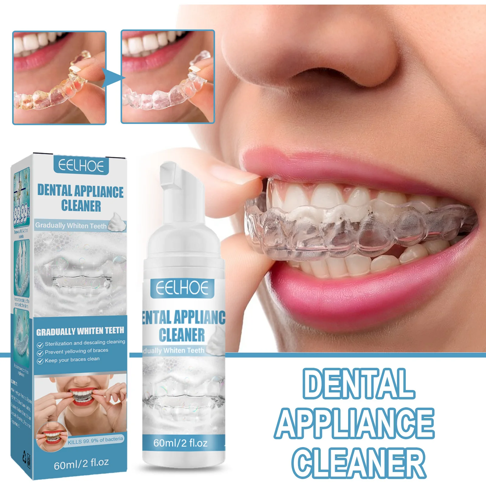 

Clear Retainer Cleaner for Invisalign, Dentures, ClearCorrect, Essix, Vivera & Hawley Trays/Aligners. Cleans, Kills Bacteria.