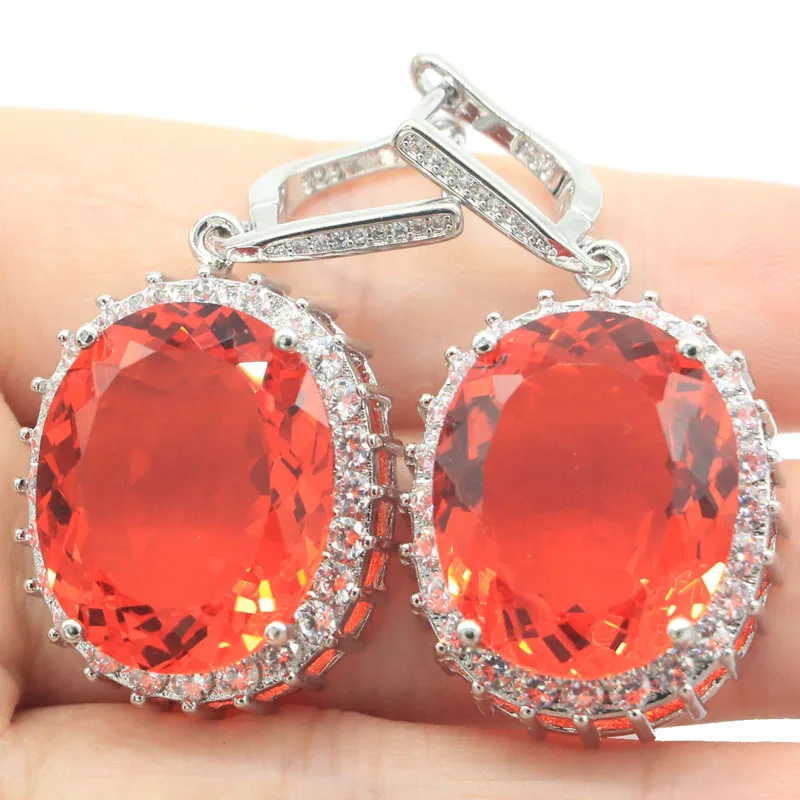 

45x22mm Gorgeous Big Oval Gemstone Orange Spessartine Garnet London Blue Topaz CZ Women Dating Silver Earrings