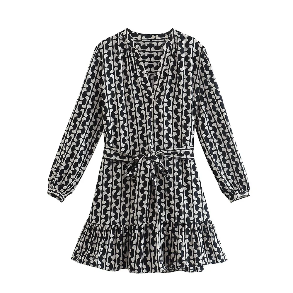 

Zach AiIsa2022 summer new all-match V-neck long-sleeved retro print short version loose holiday style casual lace-up dress