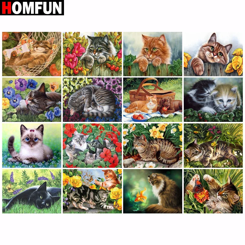 

Алмазная 5d картина HOMFUN, картина «Кот, цветок», квадратная/круглая, стразы, для творчества, домашний декор