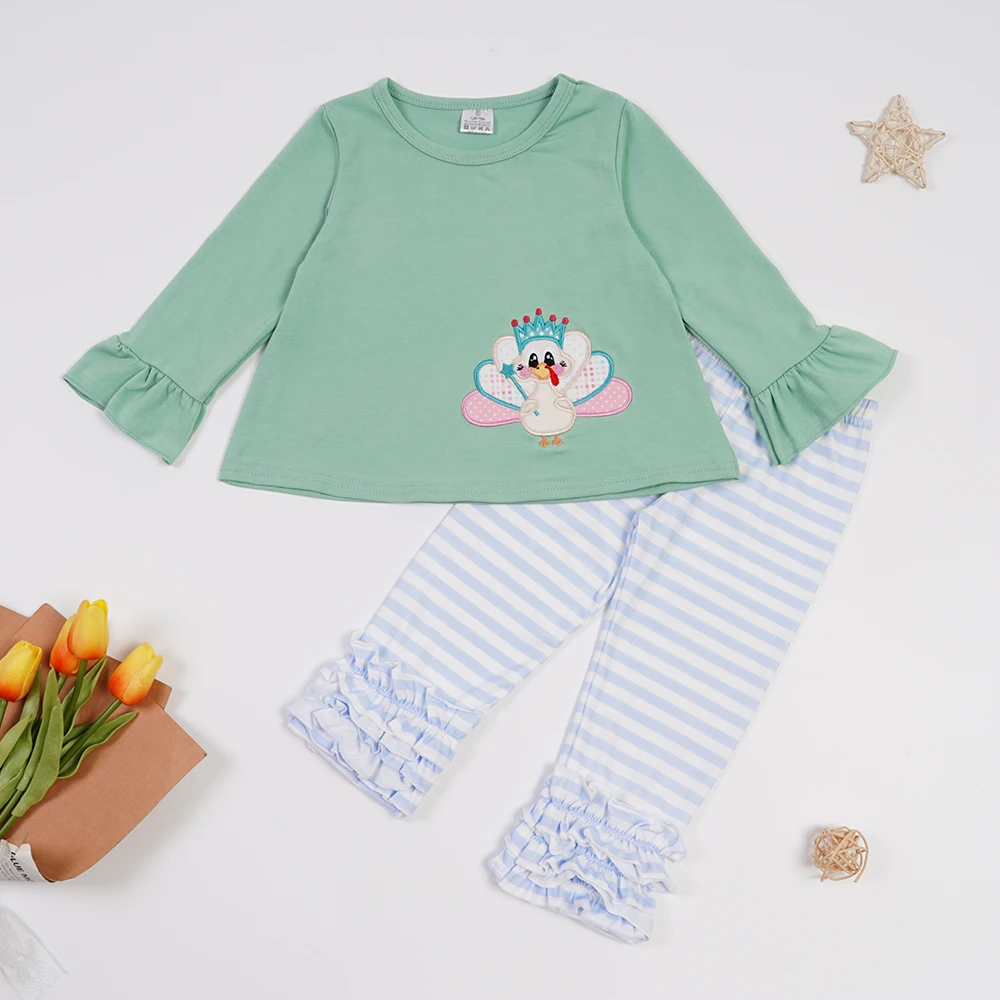 

Cartoon Duck Embroidery Baby Girl Suit clothing Outfit Green Top Blue Stripe Ruffle Pants 2-8T Girls Children Set Lovely Kids