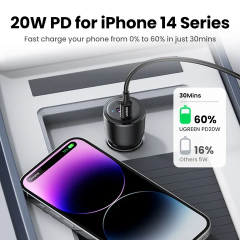 Автомобильное зарядное устройство UGREEN 69 Вт USB Type C с двойным портом PD QC 4,0 3,0, быстрая зарядка для ноутбука, автомобильное зарядное устройство для телефона iPhone 13 12 Samsung