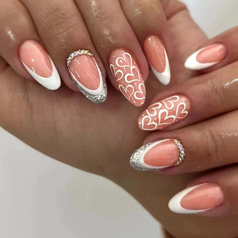24pcs Detachable Heart False Nails Almond Oval Wearable Fake Nails Full Cover Nail Tip Acrylic Nail Art Tool Press on Nails Gift