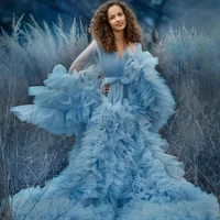 blue tulle maternity dress for photography ruffled v neck maternity robe photo shoot dresses women prop gown