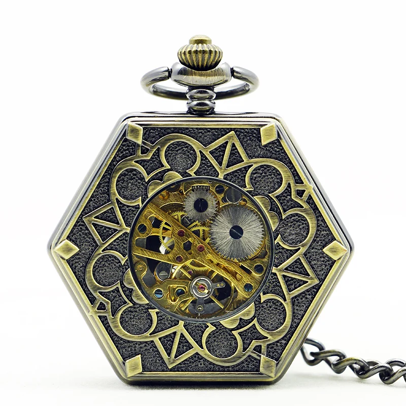 Bronze/Red Copper Roman Numerals Display Bronze Hand Winding Mechanical Pocket Watch Men Retro Fob Chain Antique Timepiece Gifts