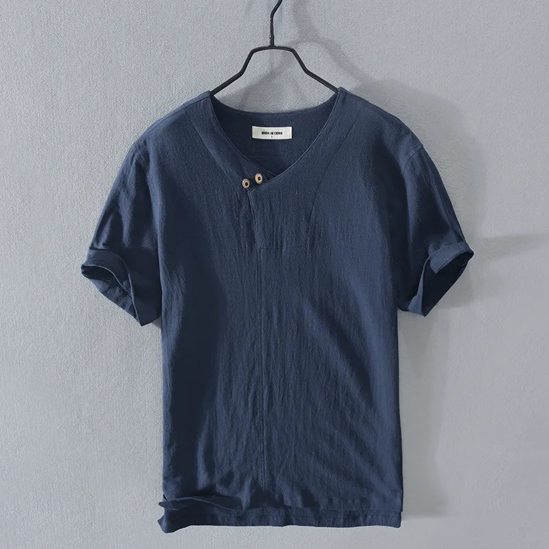 

2022 Chinese style Men Casual Cotton Linen Shirts Autumn Brand Short Sleeve Shirt Mandarin Collar Solid Color Retro Shirt Tees