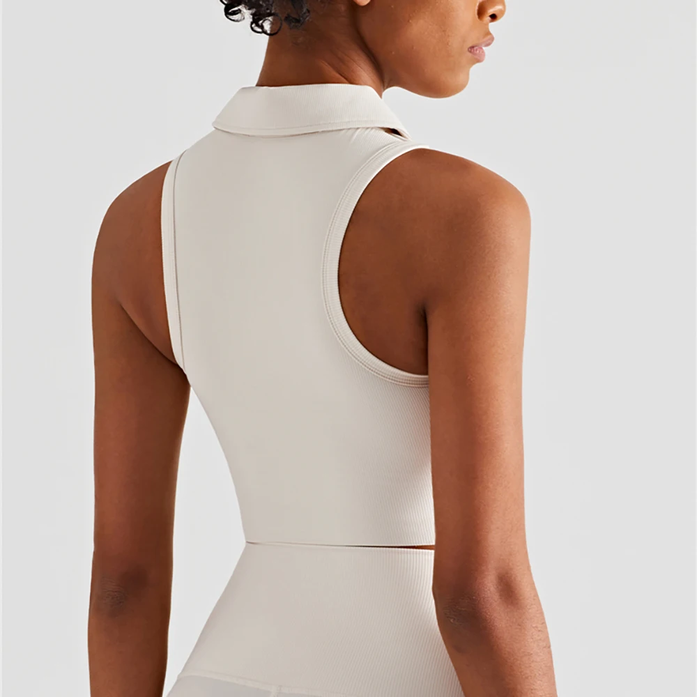 Ribbed Yoga Vest Front Zipper Sports Bra With Collar Gym Tennis Shirt Workout Shock Absorption Running Vest Active Wear Women