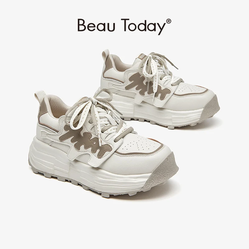 

BeauToday Sneakers Women Leather Round Toe Platform Heel Mixed Colors Lace-Up Closure Ladies Trianers Shoes Handmade 29500