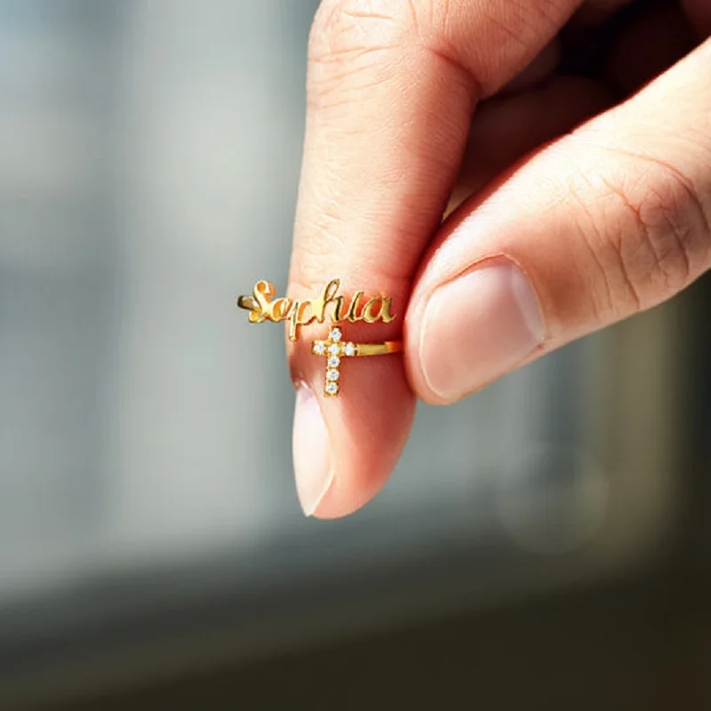 

Custom Name Cross Sideway Ring Engraved Letter Rings With Cubic Zirconia Stainless Steel Gold Color Ring Jewelry Gift For Women