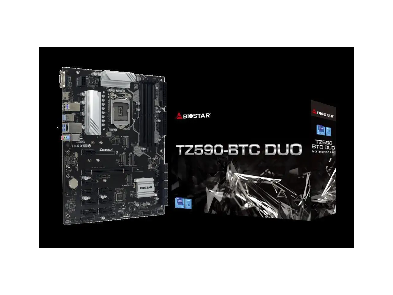 

Biostar TZ590-BTC Duo (Intel 10th and 11th Gen) LGA 1200 Intel Z590 9 GPU Support GPU Mining Motherboard.