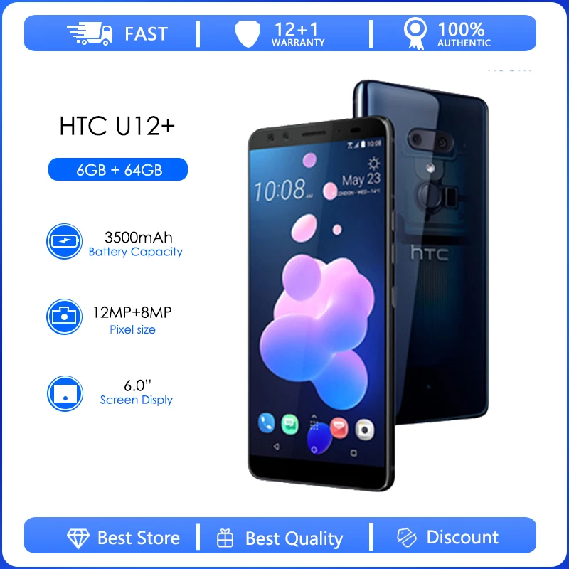 HTC U12+ Refurbished- Original 6.0" inch 6GB RAM 64GB Octa Core Wi-Fi 4G LTE Android phone factory unlocked 12MP cellphone HTC