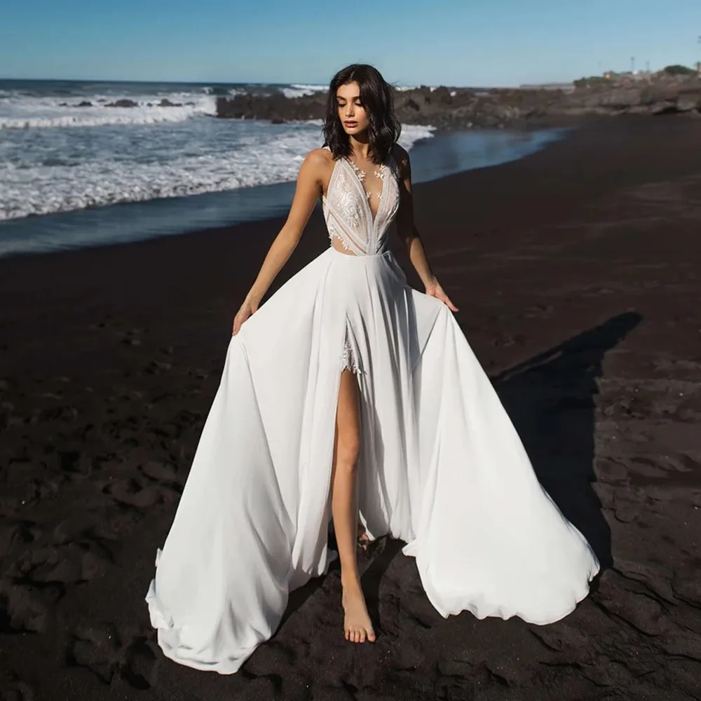 

Boho Deep V-Neck Wedding Dresses For Bride Beach Chiffon Side Slit Appliques Sleeveless Sweep Train Backless White Bridal Gowns