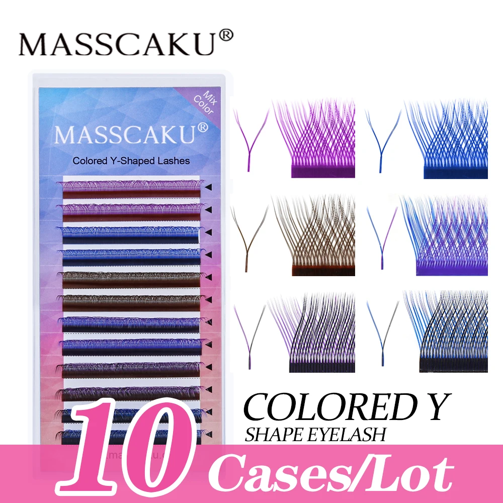 10case/lot MASSCAKU Colored YY Shape C/D Curl Blue Purple Eyelashes Extensions  Mink Lashes High Quality Individual Eyelashes