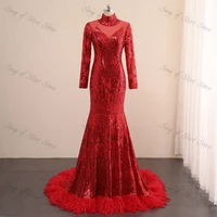 exquisite high neck mermaid evening dresses red sequined feathers long sleeve formal prom gown robes de soir%c3%a9e vestidos de noche
