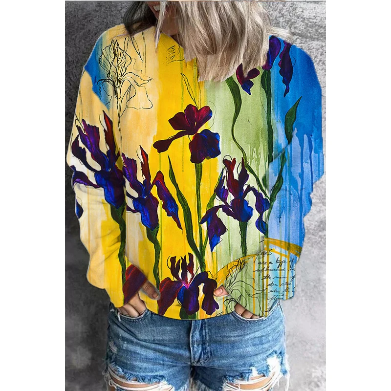 

Women's Natural Floral Pattern Round Neck Loose Sweatshirt