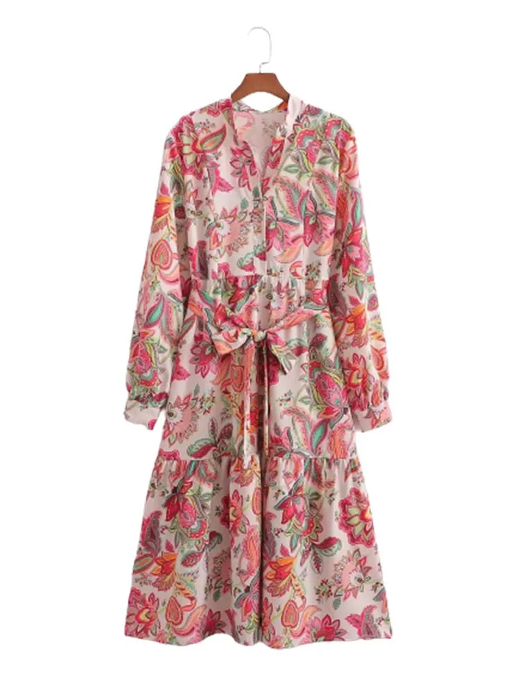 

KLKXMYT TRAF женское платье 2022 Новые Модные Элегантные платья средней длины с цветочным принтом для женщин с длинным рукавом и поясом женские веч...