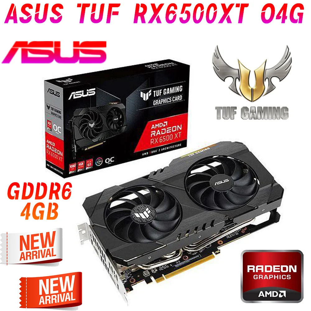 ASUS NEW TUF RX 6500 XT O4G Video Cards GDDR6 4GB Graphics Card GPU 64bit AMD RX6500XT PCIE4.0 OC Mode 2825MHz Support Crossfire
