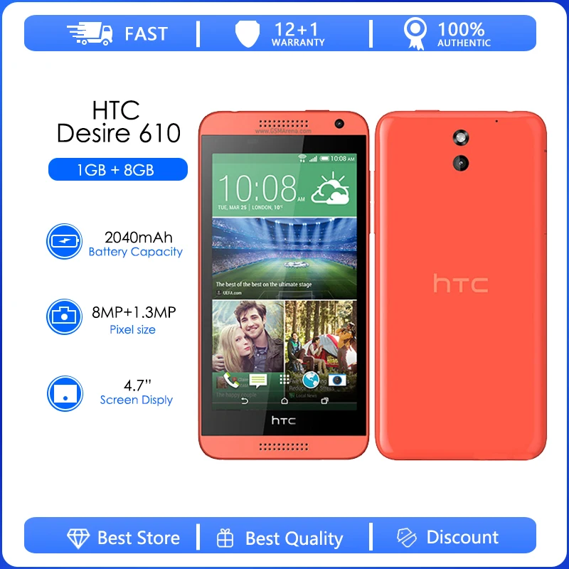 HTC Desire 610 Refurbished-Original  Qual Core phone 4.7'TouchScreen 1GB RAM 8GB ROM GPS Wifi Unlocked 3G &4G Android Cellphone