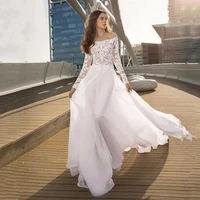 a line chiffon boat neck hy334 floor length wedding dress for women long sleeved simple elegant bridal gowns vestidos de novia