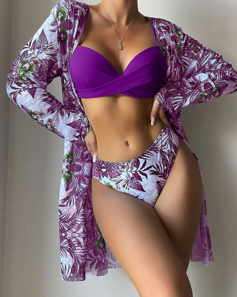 Three Pieces Bikini Set Long SleeveSkirt Tunics For Beach Cover Up Swimsuit Women Ruffle Biquini Bathing Suit Summer Beach Wear