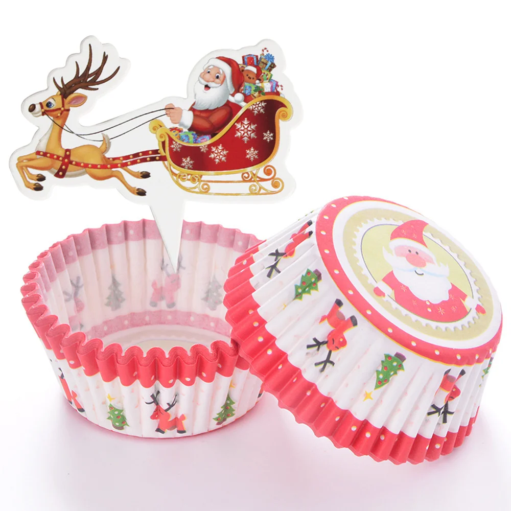 

48pcs Christmas Cupcake Wrapper and Topper Santa Claus Cupcake Liners Cake Decorating Paper Baking Cups Xmas Decor