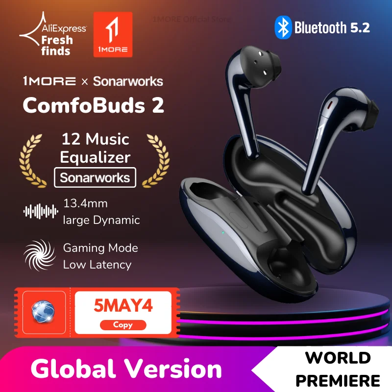 

World Premiere 1MORE ComfoBuds 2 Bluetooth 5.2 Wireless Headphones Tws 12 Sonarworks EQ 13.4mm Dynamic Gaming Mode Earphones