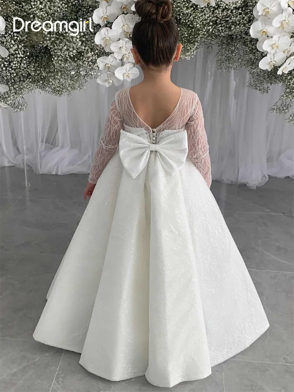 

Ivory Tulle Lace Applique Flower Girl Dresses Ball Gown Long Sleeve Bow Kids First Communion Dress Birthday Party Pageant Dress