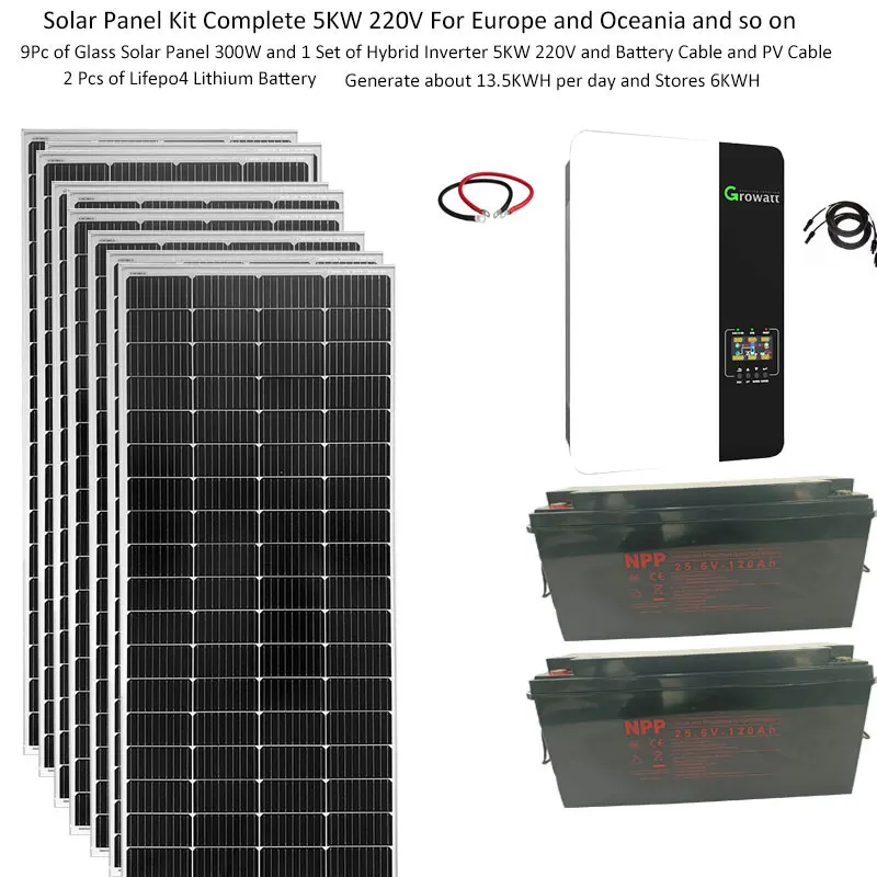 Solar Kit For Home 5KW 5000W 220v Solar Panel 300W Lithium Lifepo4 Battery 120AH Growatt Hybrid Inverter 450V Off Grid System