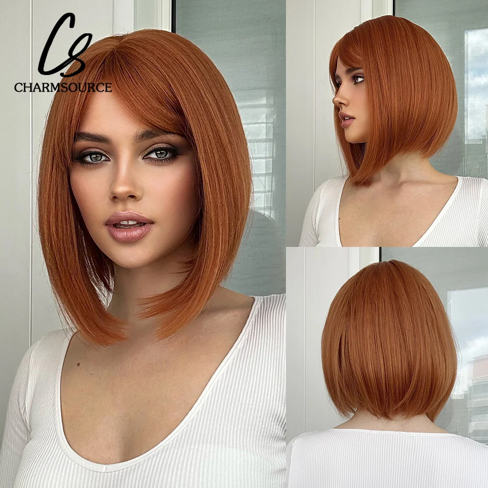 

CharmSource Orange Cosplay Synthetic Wigs Short Straight Wigs with Bangs Bob Wig for Women Daily Halloween Heat Resistant Hairs