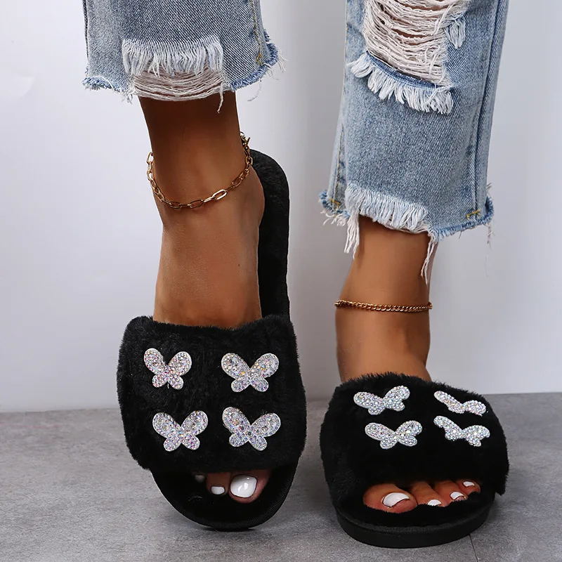 

Новинка 2022, плюшевые тапочки на осень и зиму, домашние хлопковые тапочки с бабочками, оптовая продажа, женские плюшевые тапочки со стразами, ...