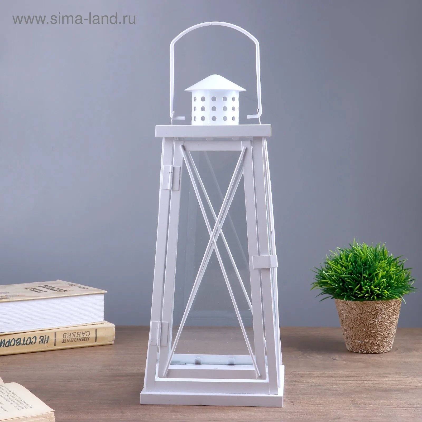 Подсвечник металл, стекло на 1 свечу Фонарь белый 35х15х15 см 4543476s